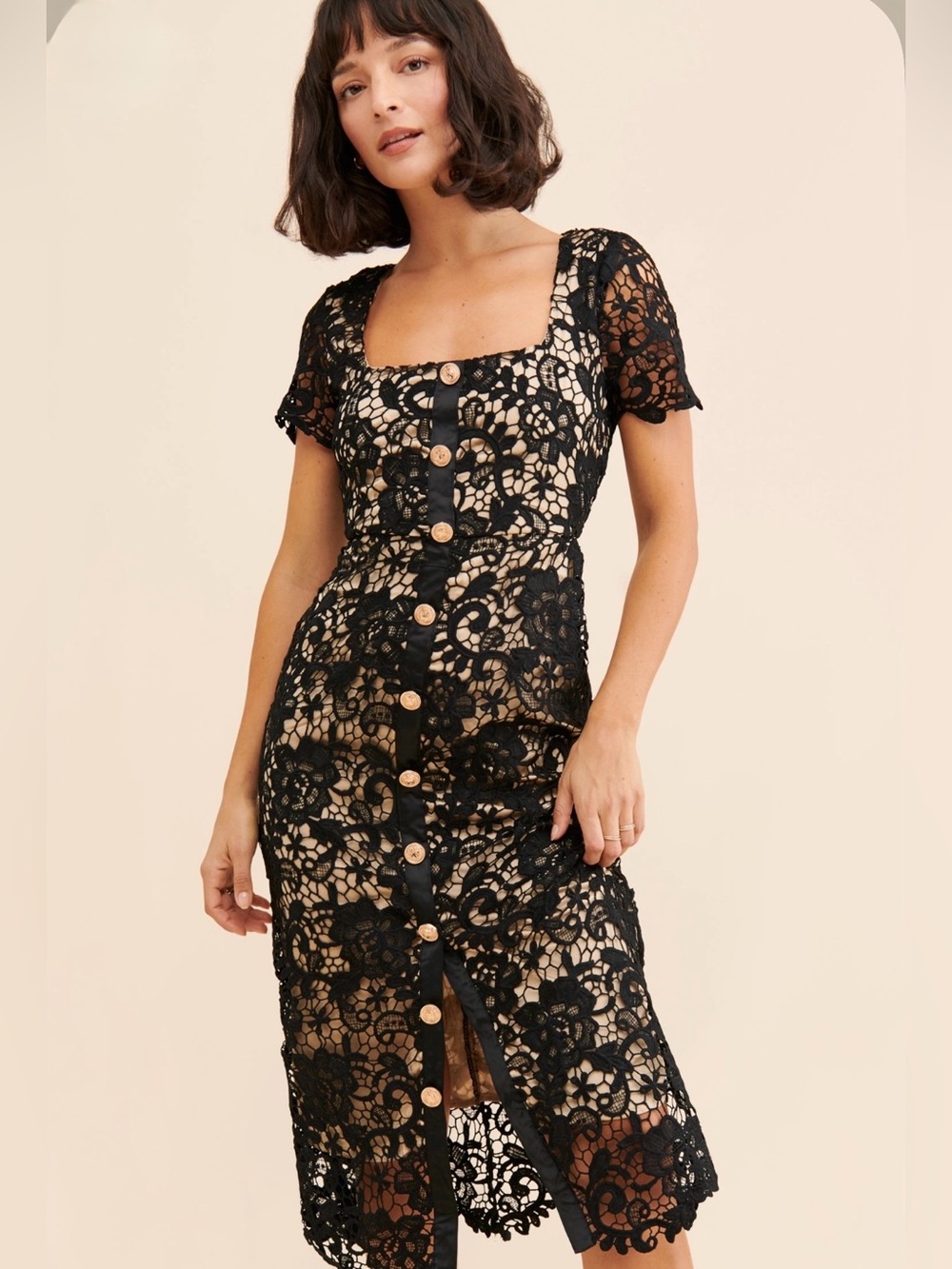 Rachel Parcell Black Guipure Lace Midi Dress Gold Button Square Neck Sheath